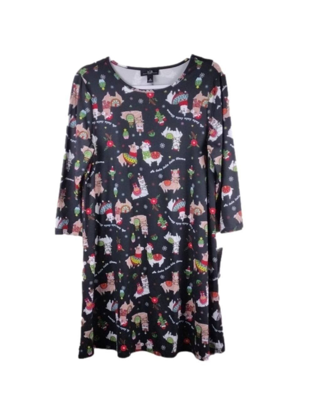AGB Dress Black Multicolored Lama Print 3/4 Sleeve Holiday Shift Dress
